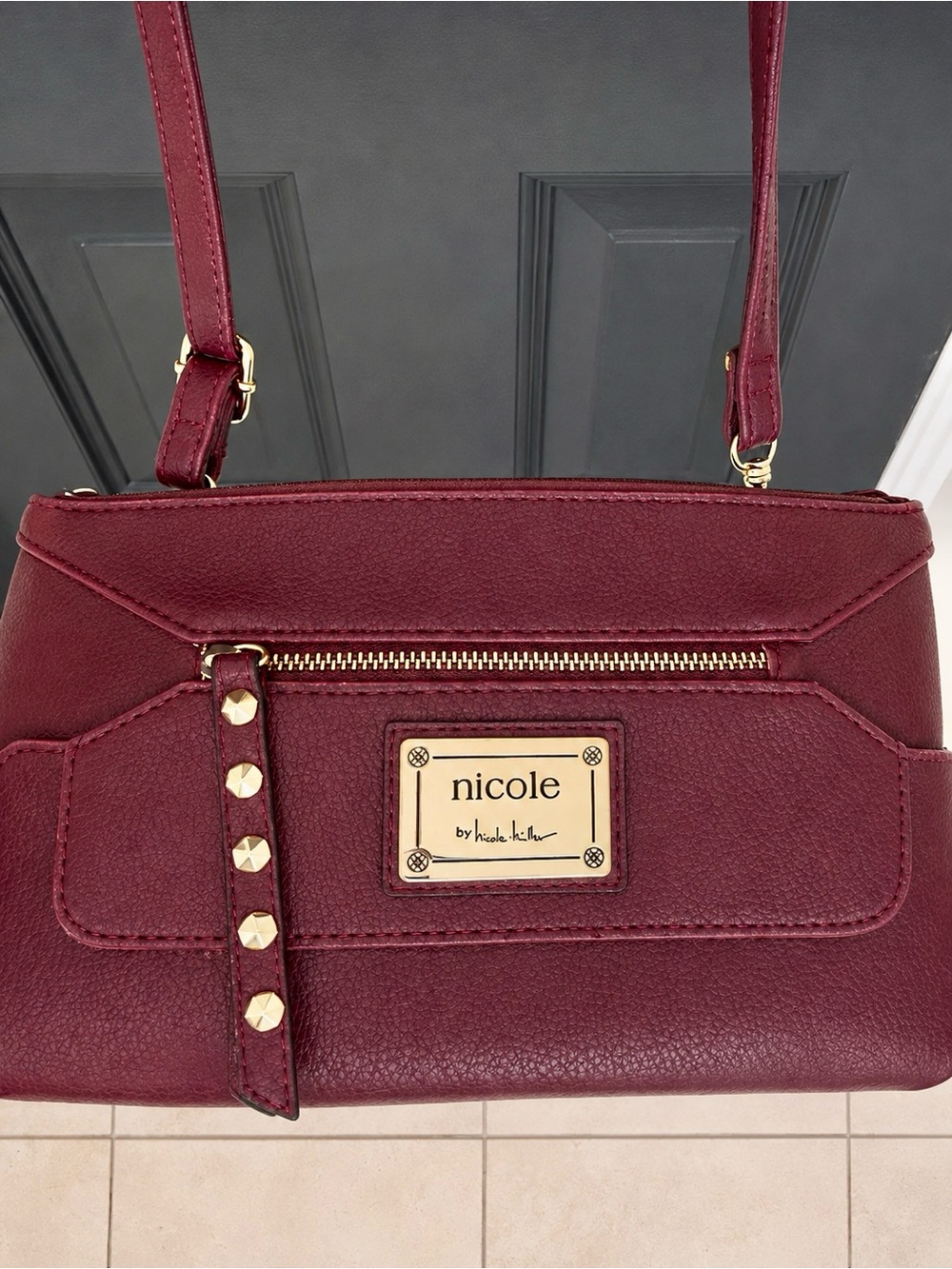 Nicole by Nicole Miller Wine Red Crossbody Bag with Gold Hardware